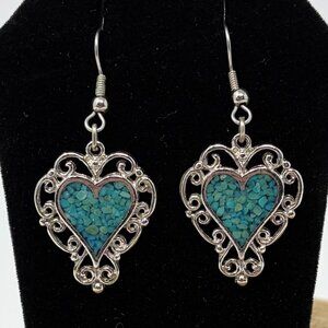 Heart Shaped Silver Tone Dangle Earrings Featuring Crushed Turquoise Inlay Swirl